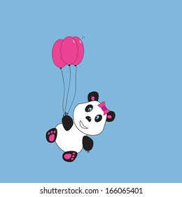 cheerful little panda bear flies on balloons