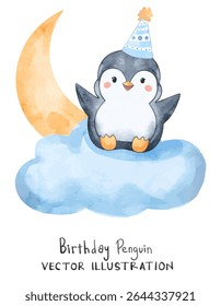 Cheerful little penguin sit on the cloud with birthday hat on the head. Watercolor vector suitable for baby print, cute wallpaper or textile, and decoration.