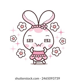 Cheerful Little Rabbit with Flowers Spring. Kawaii Cartoon Style