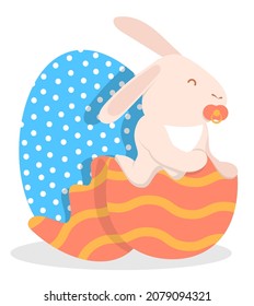 Cheerful little rabbit, hare sits in half of an eggshell. Symbol of Easter holiday and year 2023 in Chinese calendar. Childrens vector illustration