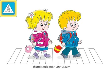 Cheerful little schoolboy and schoolgirl with backpacks going to their school and crossing a road on a zebra crossing, vector cartoon illustration isolated on a white background