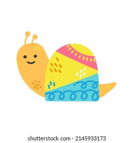 Cheerful little snail isolated on white background. Hand drawn vector illustration. Happy cute cartoon snail with colourful shell