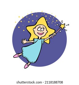 Cheerful little star girl with magic wand flying spraying star pollen. For kids party or holiday invitation or sticker