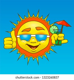 A cheerful little sun with a cocktail in his hand is smiling and showing a gesture of approval.