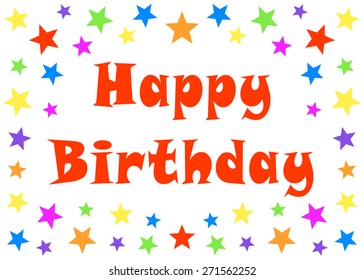 Cheerful, lively, horizontal format design with symmetrical mirrored pattern formed from stars in bright colors - red, orange, blue, yellow, pink, purple and green, with a white background. 