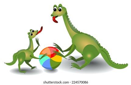 Cheerful lizard mum and her child playing with ball