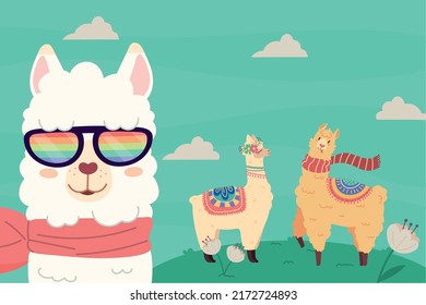 cheerful llamas in the park, image
