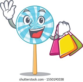 Cheerful lollipop cartoon character waving and holding shopping bag