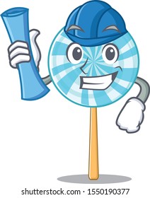 Cheerful lollipop on architect cartoon style holding blue prints