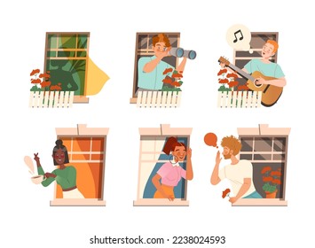 Cheerful looking out of windows set. Happy neighbourhoods characters drinking coffee, talking, looking through binoculars, playing guitar and singing. Stay at home concept vector