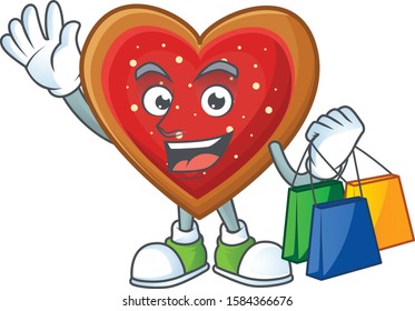 Cheerful love cookies cartoon character waving and holding Shopping bags
