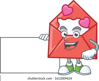 Cheerful love letter cartoon character having a board