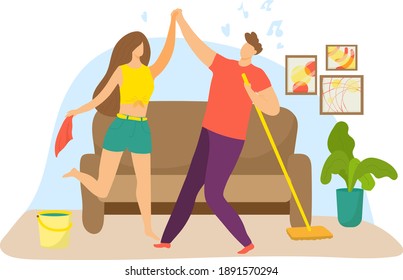 Cheerful lovely couple joyfully cleaning apartment room, woman hold wet cloth and man carry mop cartoon vector illustration, isolated on white. Family pair together washing living room.