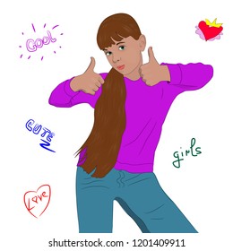 Cheerful lovely teenager girl showing thumbs up. Text: cool, cute, love, girl. Isolated vector illustration.