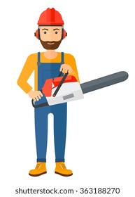 Cheerful Lumberjack With Chainsaw.