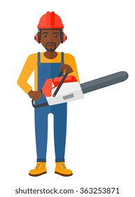 Cheerful lumberjack with chainsaw.