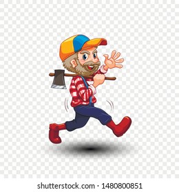 A cheerful lumberjack comes to work with an ax on his shoulder.  Lumberjack character in cap on isolated background.