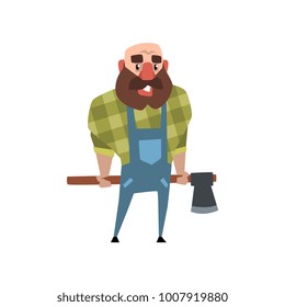 Cheerful lumberjack holding ax behind his back. Cartoon bald man with big beard. Woodcutter in green checkered shirt and blue coveralls. Colorful flat vector design