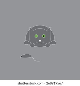 Cheerful lying grey colored cat with light grey contour follows small mouse with big green eyes isolated on grey background. Logo template, design element