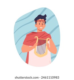 Cheerful lyre player in ancient attire. Vector illustration of a happy musician wearing a traditional Greek toga, skillfully playing the lyre with a scenic backdrop.