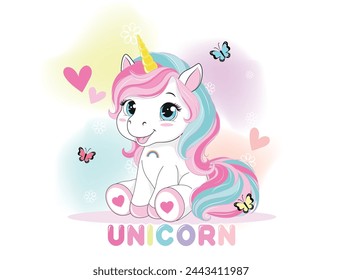 Caricatura mágica alegre del unicornio con la forma del arco iris y la cola. Ilustración vectorial aislada sobre un fondo blanco. Para impresión, diseño, póster, etiqueta engomada, tarjeta, decoración, ropa de los niños