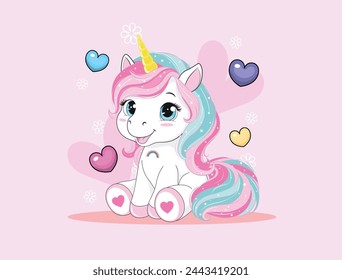 Cheerful magical unicorn cartoon character with rainbow shape and tail. Vector illustration isolated on a white background. For print, design, poster, sticker, card, decoration, children's clothing