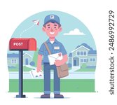 A cheerful mailman holding letters and standing next to a mailbox in a suburban neighborhood on a sunny day.
