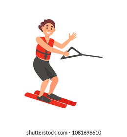 Cheerful male athlete on water skiing. Active summer recreation. Man in swimming shorts and safety vest. Flat vector design