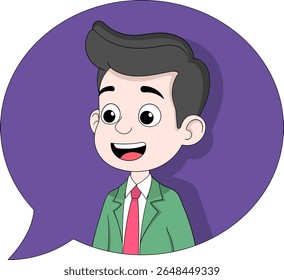 A cheerful male businessman smiling inside a chat bubble, representing positive communication, successful entrepreneurship, and professional discussions