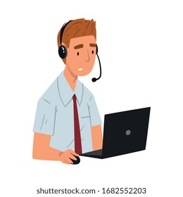 Cheerful Male Call Center Operator, Customer Support Service Assistant with Headset, Help Desk, Online Technical Support Vector Illustration