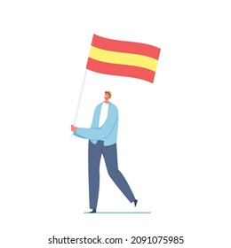 Cheerful Male Character Carry Spanish Flag Isolated on White Background. Spain Culture, Politics and Nationality. Happy Student Travel and Learn Spanish Language. Cartoon People Vector Illustration