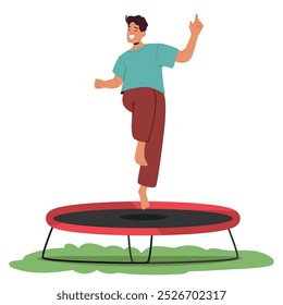 Cheerful Male Character Enjoys Jumping on a Trampoline in a Recreational Outdoor Setting Highlighting Fun and Playful Leisure. Person Spending spare Time Outdoors. Cartoon People Vector Illustration