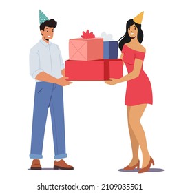 Cheerful Male Character In Festive Hats Greeting Happy Girl Celebrating Birthday, Surprise Party. Man Giving Gift Boxes To Woman Friend, Holiday Congratulations. Cartoon People Vector Illustration