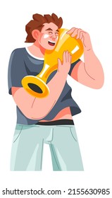 Cheerful male character holding award-winning prize and getting a reward. Accomplishment and success, competition victorious gold trophy for athlete. Victory championship. Vector in flat style
