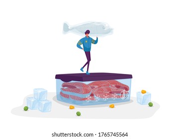 Cheerful Male Character in Warm Clothes Holding Huge Frozen Fish Stand on Container with Steaks and Ice Cubes around. Concept of Frozen Food, Saving and Freezing Products. Cartoon Vector Illustration