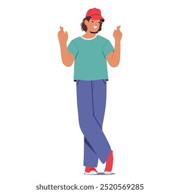 Cheerful Male Character Wearing Casual Clothing and Cap Standing With Fingers Crossed In A Hopeful Gesture. Cartoon Vector Image Evokes Feelings Of Luck And Confidence, Wishful Thinking And Positivity