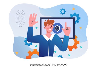 Cheerful male character is working on network security. Concept of data protection and information privacy. Young smiling man is standing among gears. Flat cartoon vector illustration