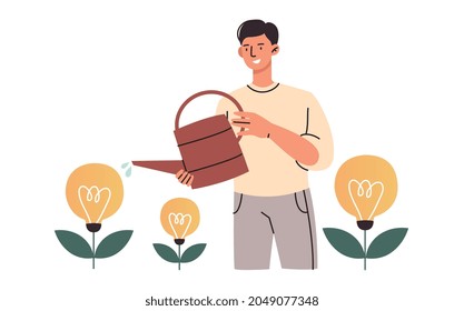 Cheerful male characters is watering lightbulb plants for new ideas on white background. Concept of creative people trying to find new fresh ideas at their job. Flat cartoon vector illustration