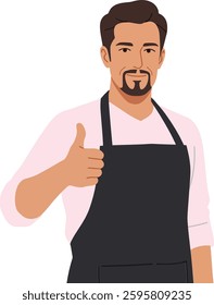 A cheerful male chef with short hair and a beard stands confidently, giving a thumbs-up while wearing a black apron over a light pink shirt, exuding a positive vibe.