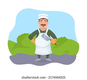 Cheerful Male Chef Standing With Knife On Summer Landscape. Smiling Butcher With Mustache In Chef Uniform, Hat And Rubber Gloves Standing On Nature Outdoors Cartoon Vector