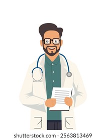 Cheerful male doctor holding a clipboard, dressed in a white lab coat with a stethoscope, representing professionalism, care, and dedication in the healthcare industry