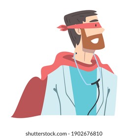 Cheerful Male Doctor in Superhero Costume, Confident Doctor Character, Healthcare and Safety Concept Cartoon Style Vector Illustration