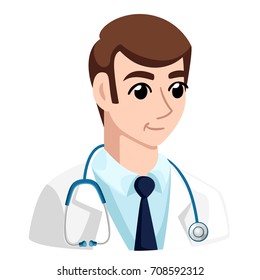 Cheerful male doctor. Vector illustration of a smiling doctor with medical icons background. Web site page and mobile app design Vector illustration.