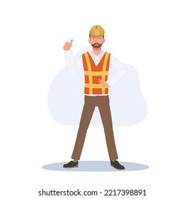 Alegre ingeniero masculino usando casco y mostrando un pulgar arriba. Ilustración del vector