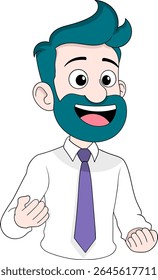 Um empreendedor alegre do sexo masculino explicando entusiasticamente um produto aos clientes.