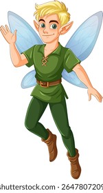 A cheerful male fairy with blue wings and green attire, rendered in a vibrant vector style