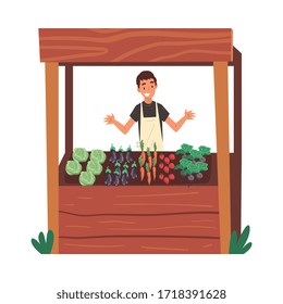 Cheerful Male Farmer Selling Fresh Organic Vegetables on Wooden Stall at Farm Market Vector Illustration