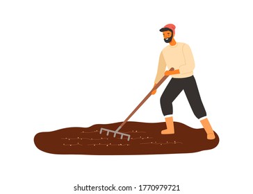 Cheerful male farmer work with field use rake vector flat illustration. Smiling agricultural worker cultivated seedbed from weed isolated on white. Happy rural guy making agriculture seasonal work