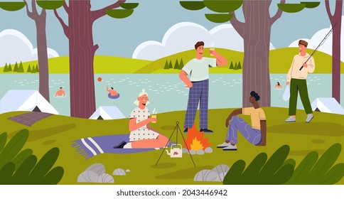 Cheerful male and female characters having fun camping time at the river bank together with friends. Spending happy time with family outdoors along the river. Flat cartoon vector illustration