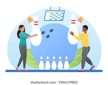 Cheerful male and female characters are playing bowling together. Smiling man and woman are holding big bowling pins over head. Concept of indoor sport activity. Flat cartoon vector illustration